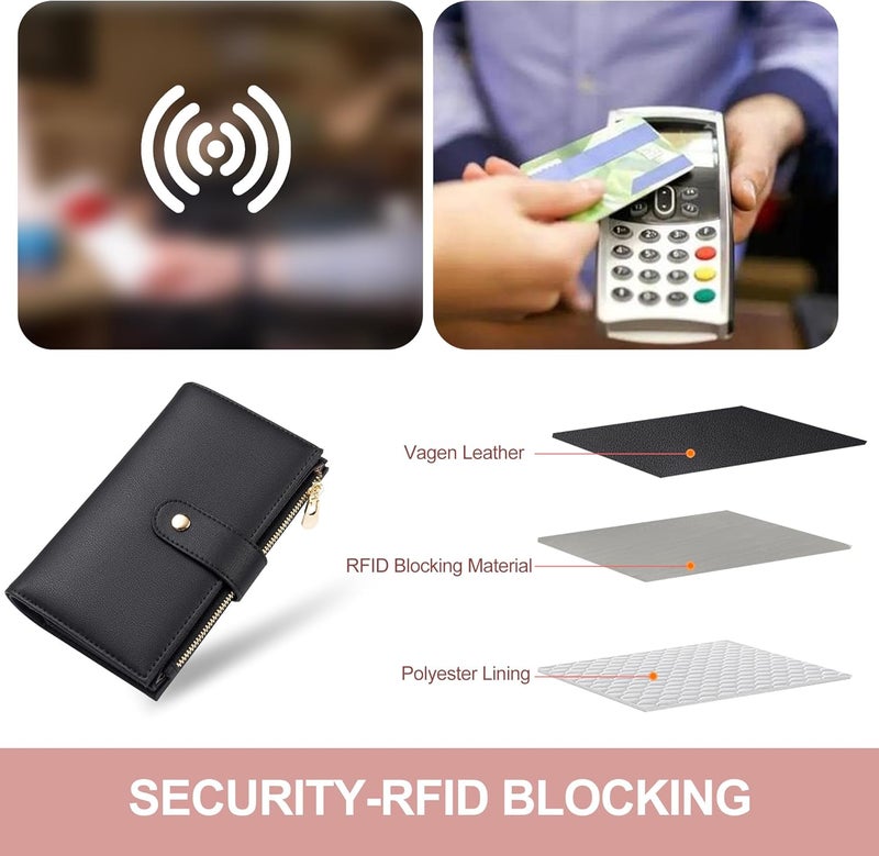 yiijay Wallet Women RFID Blocking Leather Trifold Clutch Wallet Credit Card Holder Ladies Travel Wallet Purse with Pen Holder - Image 5